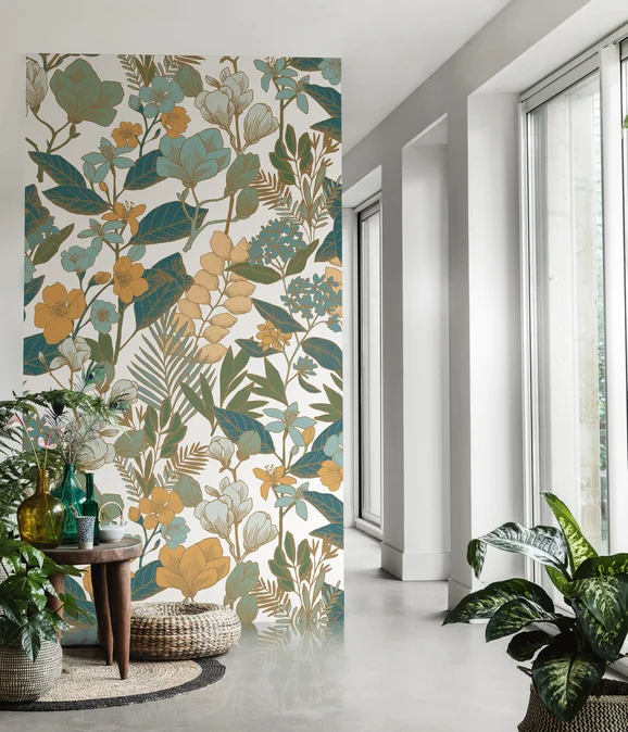 Photo of the fabric Valentine Panel 10247 10247 68 99 in situ by Casadeco. Use for Wall Covering, Wall Panel/Mural. Style of Floral And Botannical