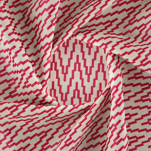 Photo of the fabric Running Magenta swatch by Zepel FibreGuard Outdoor. Use for Curtains, Upholstery, Accessory, Top of Bed. Style of Embroidery, Geometric