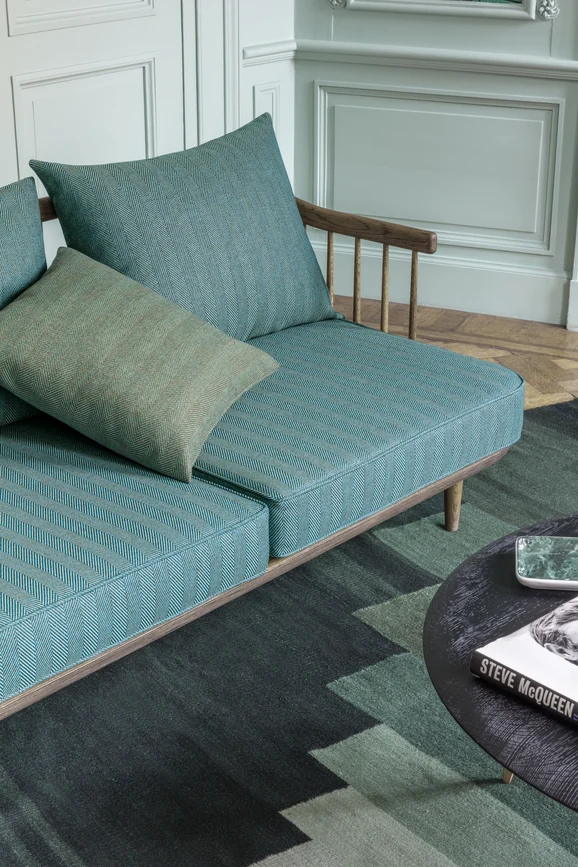 Photo of the fabric Trailblazer Cream in situ by James Dunlop FibreGuard. Use for Curtains, Upholstery, Accessory, Top of Bed. Style of Texture, Traditional