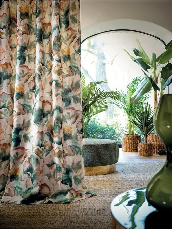 Photo of the fabric Melumbo 4317 0292 in situ by Casamance. Use for Curtains, Accessory. Style of Floral And Botannical, Print