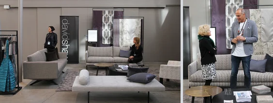 The&nbsp;Zinc Textile&nbsp;|&nbsp;David Shaw&nbsp;stand.Left: Kim Lempriere (David Shaw) and Celia Faris (JDT).Right: David Shaw&nbsp;(David Shaw) shows the new furniture range.