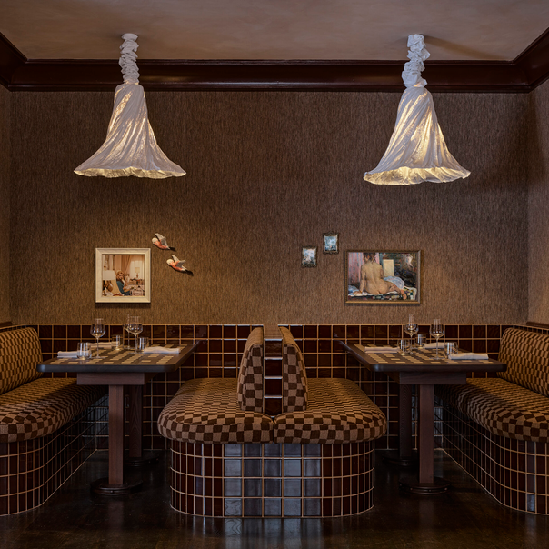 Chairs and booth seating in Ottica colour Bronze by Mokum | Photograph by Anson Smart