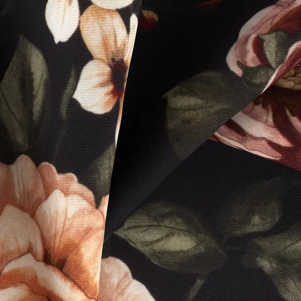 Photo of the fabric Miriam Midnight swatch by Zepel. Use for Curtains, Upholstery Light Duty, Accessory, Top of Bed. Style of Floral And Botannical, Taffeta