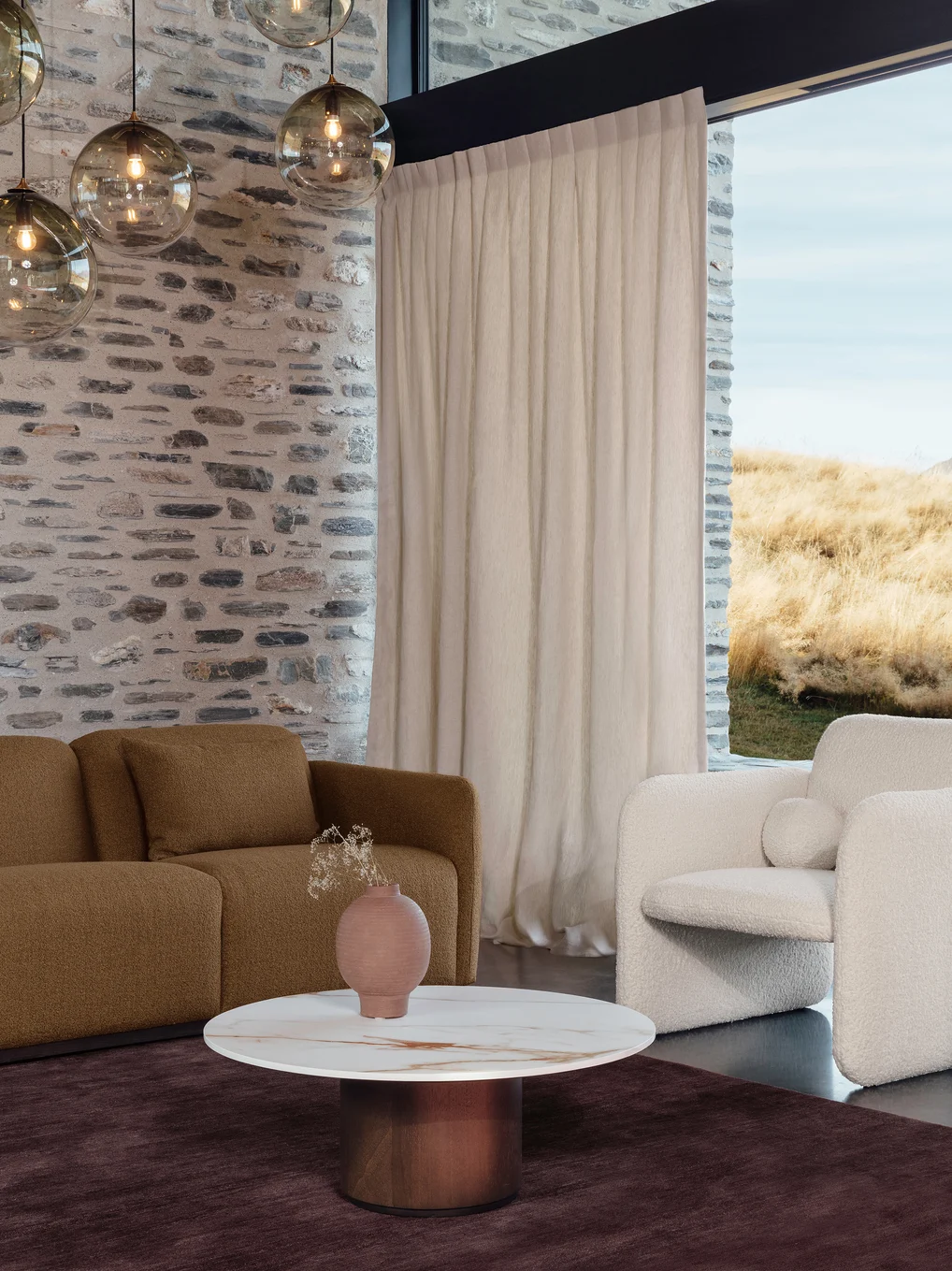 Camden Sofa in Alpine colour Clay, Lazlo Chair in Fleece colour Merino, curtain in Kyoto colour Linen