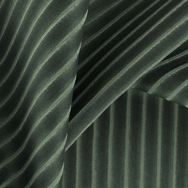 Photo of the fabric Embrace Spinach swatch by Zepel FibreGuard. Use for Curtains, Upholstery, Accessory, Top of Bed. Style of Stripe, Velvet