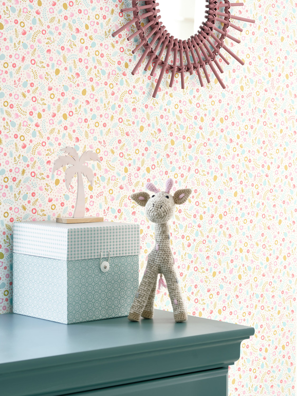 Photo of the fabric Gourmande Wallpaper 8554 8554 51 20 in situ by Casadeco. Use for Wall Covering. Style of Childrens