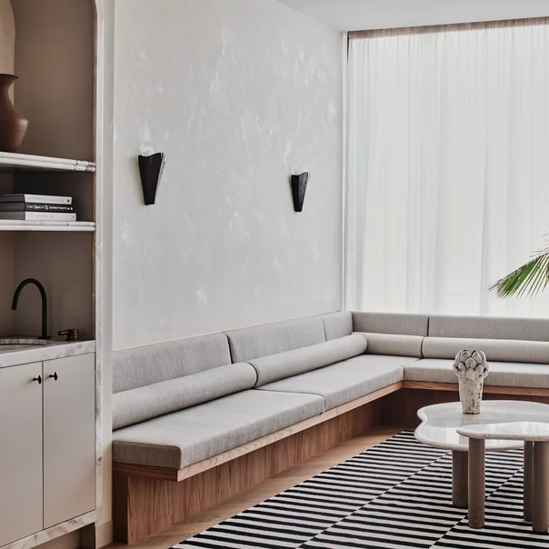 Banquette seating in Pure colour Pumice by Mokum
