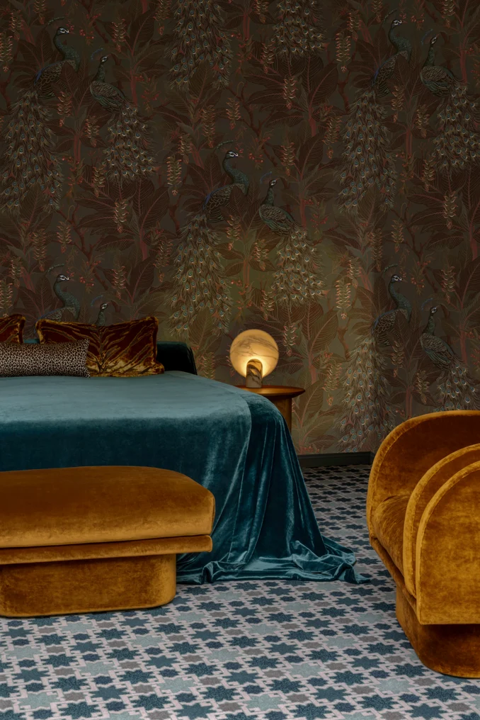 Royal Peacock wallpaper in Sepia by Catherine Martin by Mokum