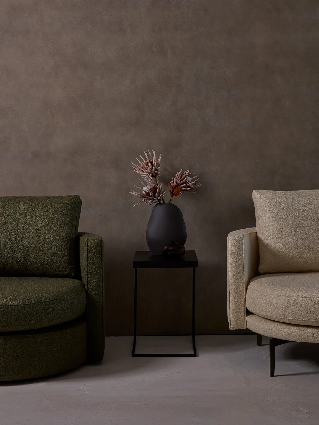 Contemporary boucle chairs in minimalist setting