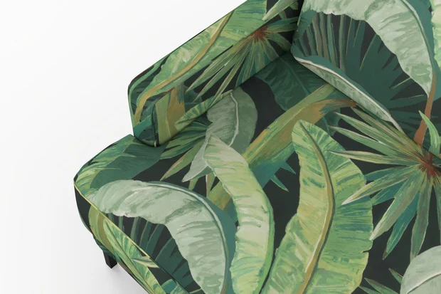 Photo of the fabric Tropicalia Midnight swatch by Catherine Martin by Mokum. Use for Upholstery, Accessory. Style of Floral And Botannical, Print