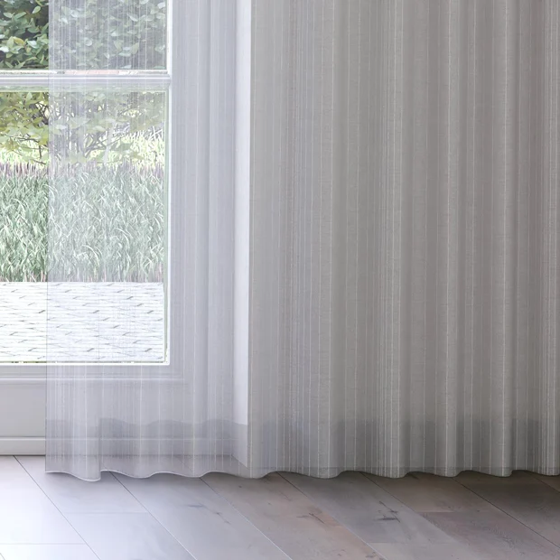 Photo of the fabric Mira Shadow swatch by James Dunlop. Use for Sheer Curtains. Style of Sheer, Stripe