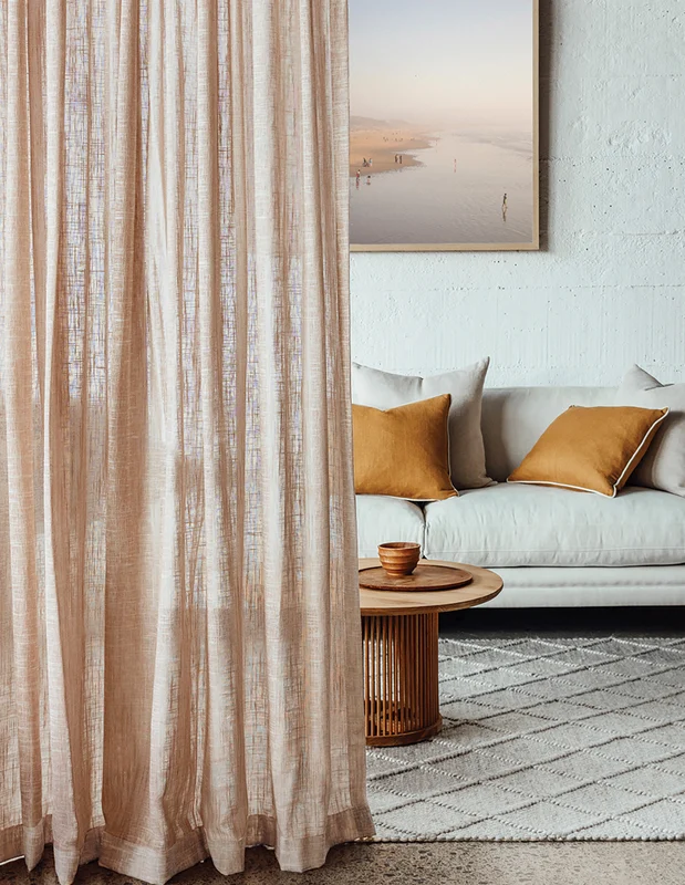 Photo of the fabric Beech Celadon in situ by James Dunlop. Use for Sheer Curtains. Style of Plain, Sheer