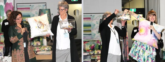Left: Camilla Fischbacher with the So Avantgardening! cushion by Christian Fischbacher.Right: Carrie Ferguson with the Big Florrie cushion by Bluebellgray.
