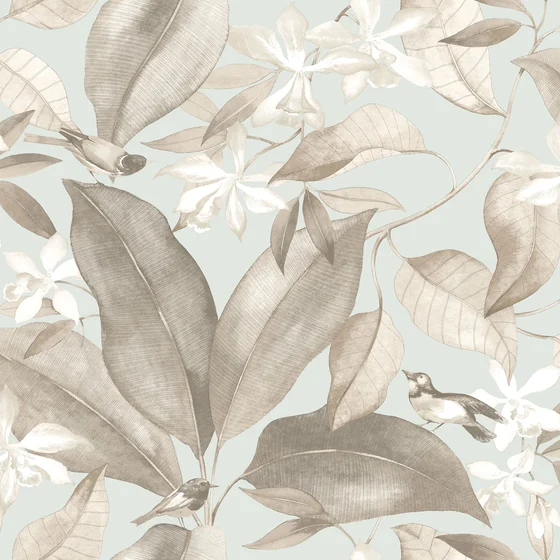 Photo of the fabric Birdsong Wallpaper 8538 8538 22 61 swatch by Casadeco. Use for Wall Covering. Style of Floral And Botannical