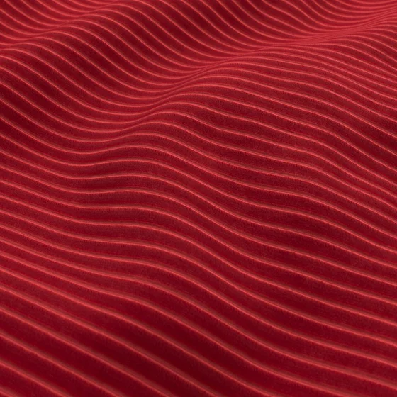 Photo of the fabric Embrace Lipstick swatch by Zepel FibreGuard. Use for Curtains, Upholstery, Accessory, Top of Bed. Style of Stripe, Velvet