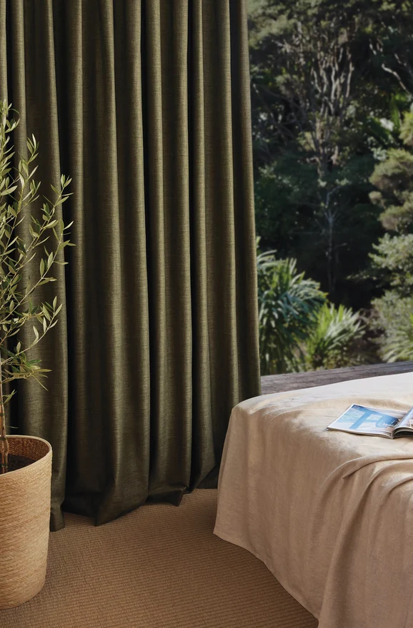 Photo of the fabric Eclipse Blackout Oyster in situ by James Dunlop. Use for Curtains. Style of Plain, Texture