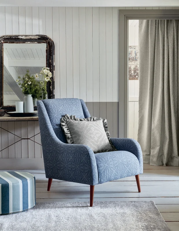 Photo of the fabric Doran V3265 05 in situ by Villa Nova. Use for Curtains, Upholstery, Accessory, Top of Bed. Style of Embroidery