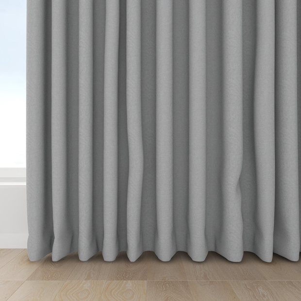 Photo of the fabric Satori Stonewash Dove Grey swatch by Mokum. Use for Curtains, Upholstery Light Duty, Accessory, Top of Bed. Style of Plain, Texture