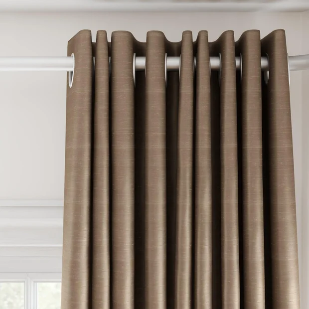 Photo of the fabric Luxe Walnut swatch by James Dunlop Essentials. Use for Curtains, Accessory, Top of Bed. Style of Plain, Texture
