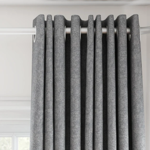 Photo of the fabric Avalon FR Blackout Steel swatch by James Dunlop Essentials. Use for Curtains. Style of Plain, Texture