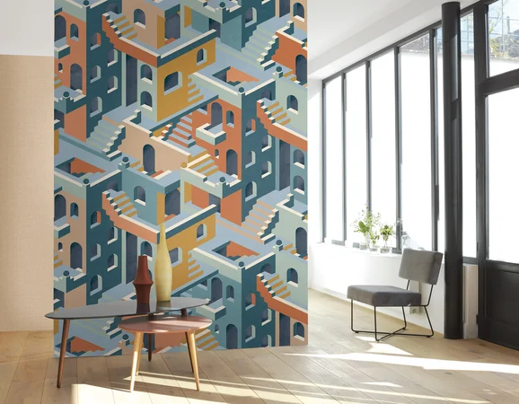 Photo of the fabric City Panel 8701 8701 32 11 in situ by Casadeco. Use for Wall Covering, Wall Panel/Mural. Style of Abstract