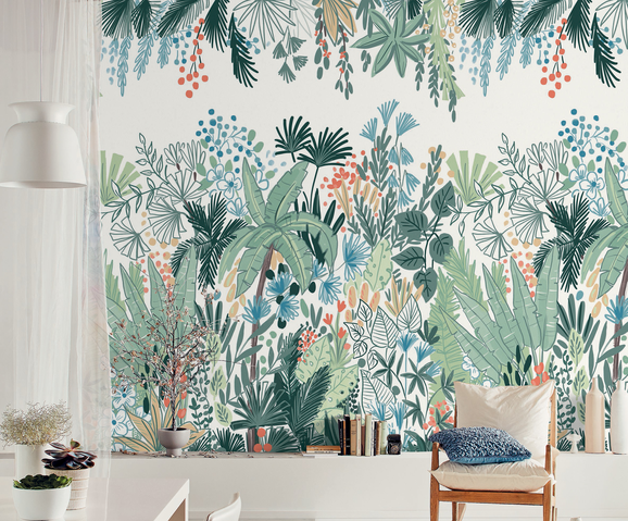 Photo of the fabric Foret D'Emer. Panel 10242 10242 41 78 in situ by Casadeco. Use for Wall Covering, Wall Panel/Mural. Style of Floral And Botannical