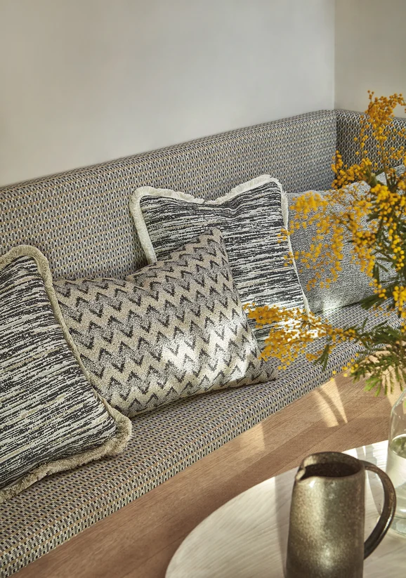 Photo of the fabric Axis V3577 06 in situ by Villa Nova. Use for Upholstery, Accessory. Style of Geometric, Texture