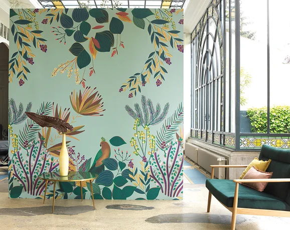 Photo of the fabric Cocka. Island Panel 10151 10151 72 09 in situ by Casadeco. Use for Wall Covering, Wall Panel/Mural