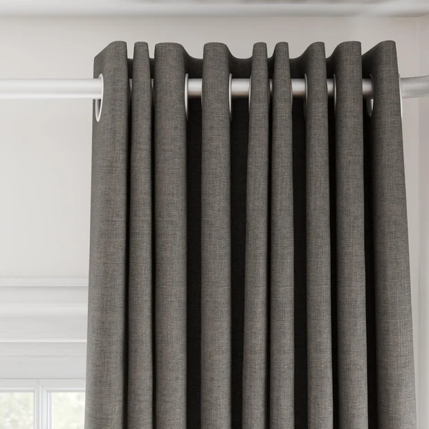 Photo of the fabric Envoy 2 Coffee 320cm swatch by James Dunlop Essentials. Use for Curtains, Accessory, Top of Bed. Style of Plain, Texture