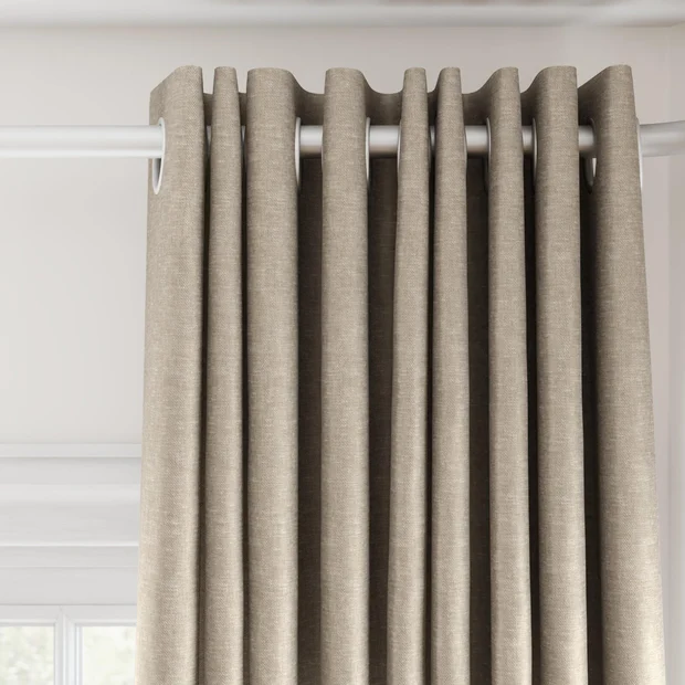 Photo of the fabric Glamour Taupe swatch by James Dunlop. Use for Curtains, Accessory. Style of Plain, Taffeta