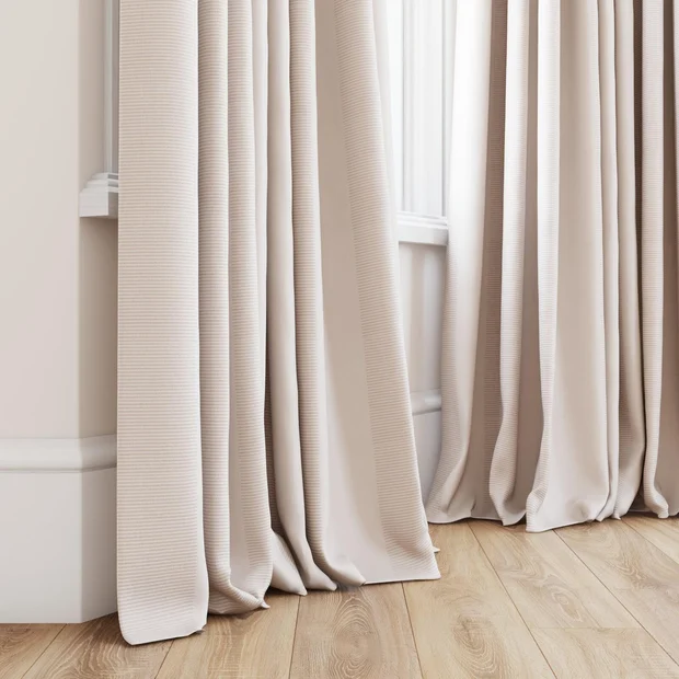 Photo of the fabric Borneo Uncoated Blush swatch by James Dunlop. Use for Curtains, Accessory, Top of Bed. Style of Stripe