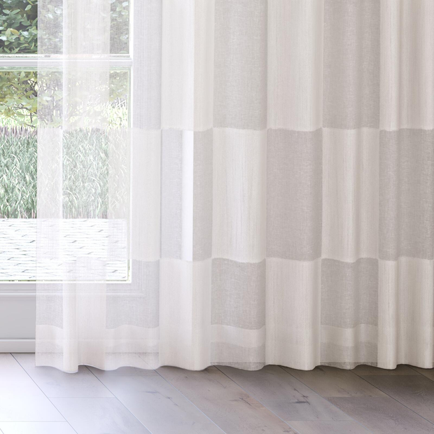 Photo of the fabric Quadrata Ivory swatch by Mokum. Use for Sheer Curtains. Style of Geometric, Sheer