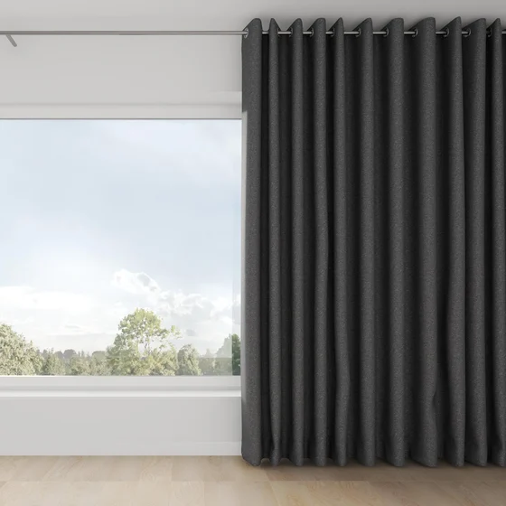 Photo of the fabric Bora Bora Charcoal swatch by Mokum FibreGuard. Use for Curtains, Upholstery, Accessory. Style of Plain, Texture
