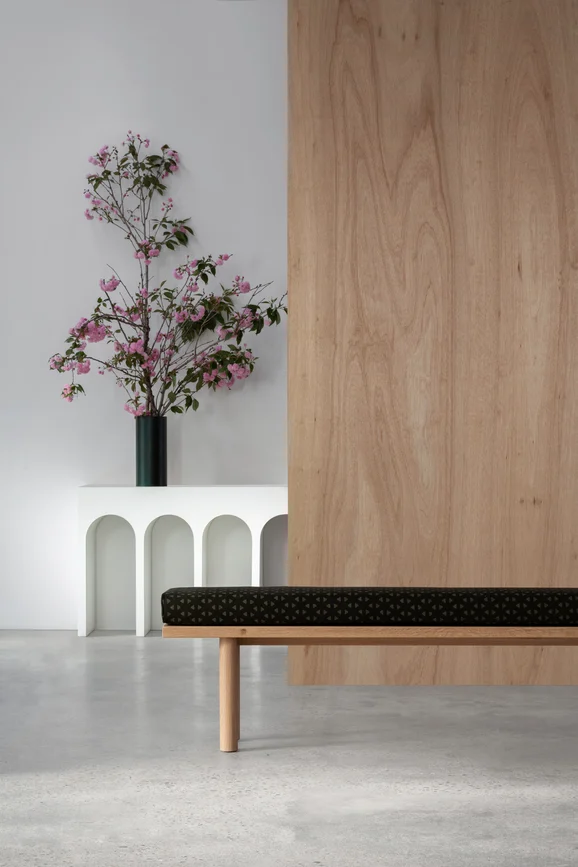 Photo of the fabric Samurai Burnt Orange in situ by Mokum. Use for Upholstery, Accessory. Style of Geometric