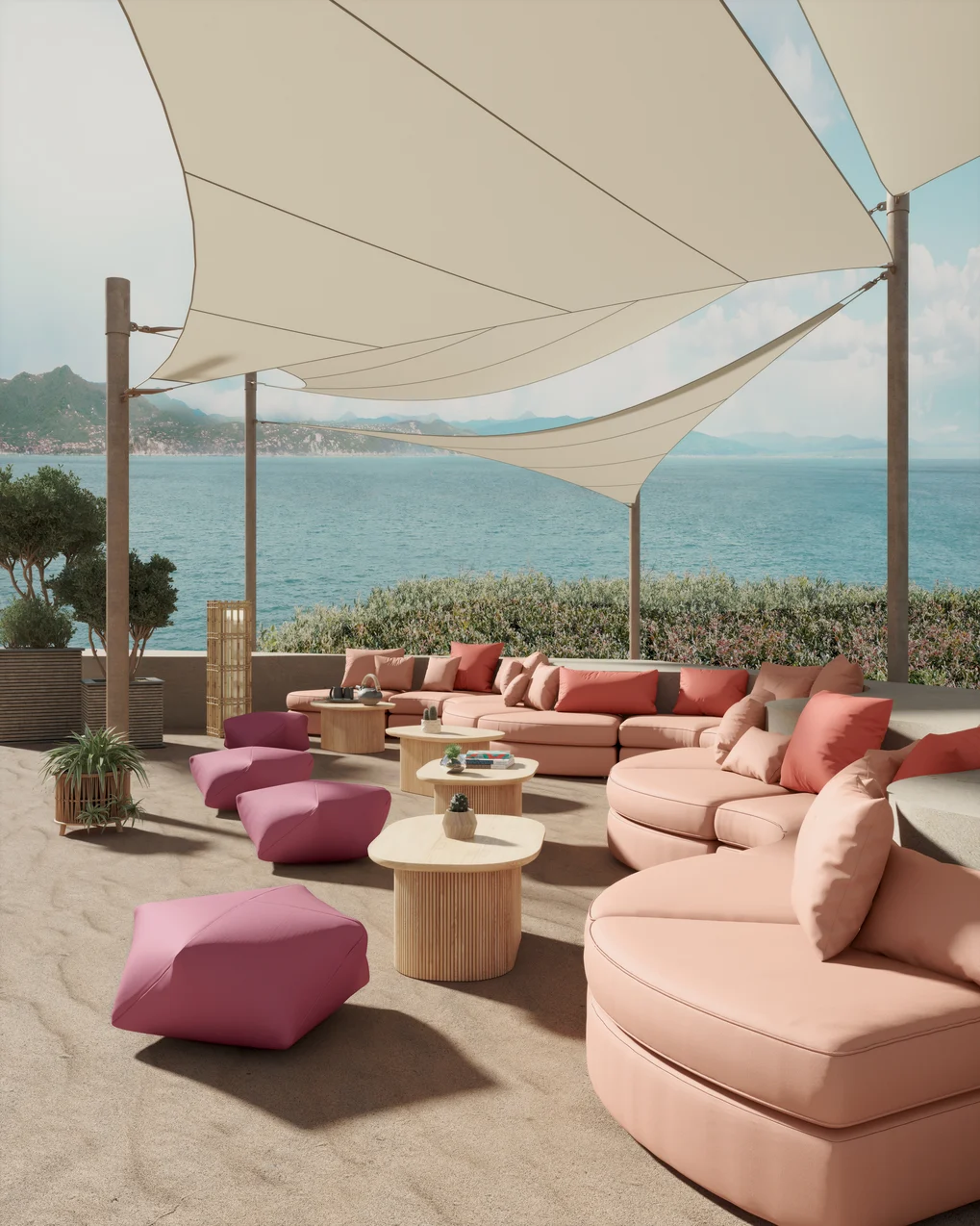 Recycled outdoor textiles in a poolside resort setting