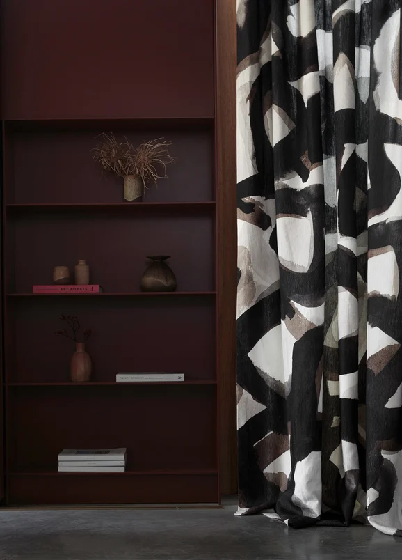 Photo of the fabric Abstraction Sky in situ by Mokum. Use for Curtains, Accessory. Style of Abstract, Print