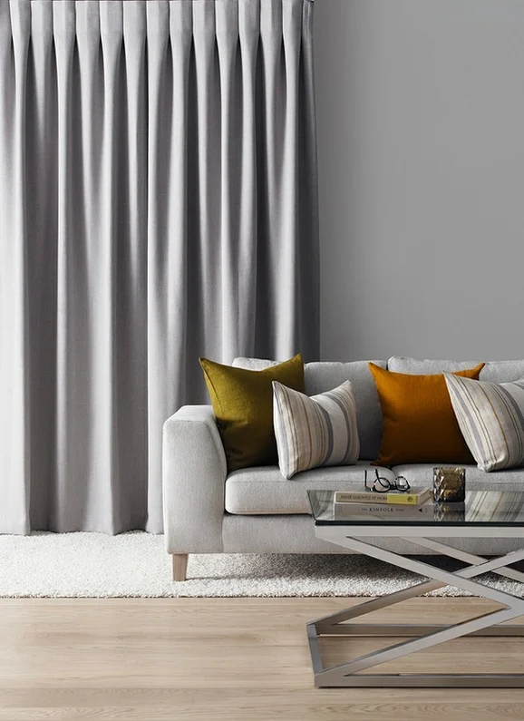 Photo of the fabric Matrix FR Ice in situ by James Dunlop Essentials. Use for Curtains. Style of Dim Out, Plain