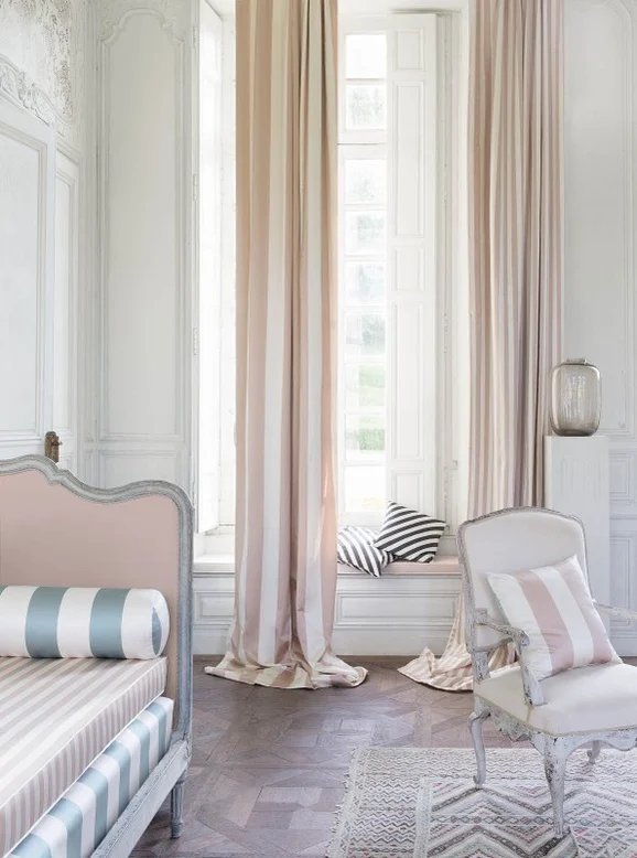 Photo of the fabric Advance Straw in situ by James Dunlop Essentials. Use for Curtains, Upholstery, Accessory, Top of Bed. Style of Stripe, Taffeta