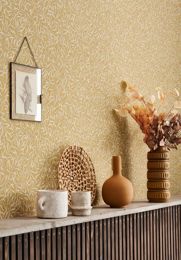 Photo of the fabric Bambu Wallpaper 8817 8817 11 54 in situ by Casadeco. Use for Wall Covering. Style of Floral And Botannical