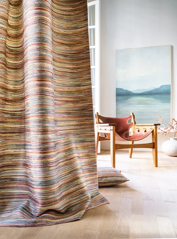 Photo of the fabric Sawubona 4746 4746 0195 in situ by Casamance. Use for Curtains, Upholstery Light Duty, Accessory, Top of Bed. Style of Embroidery, Stripe