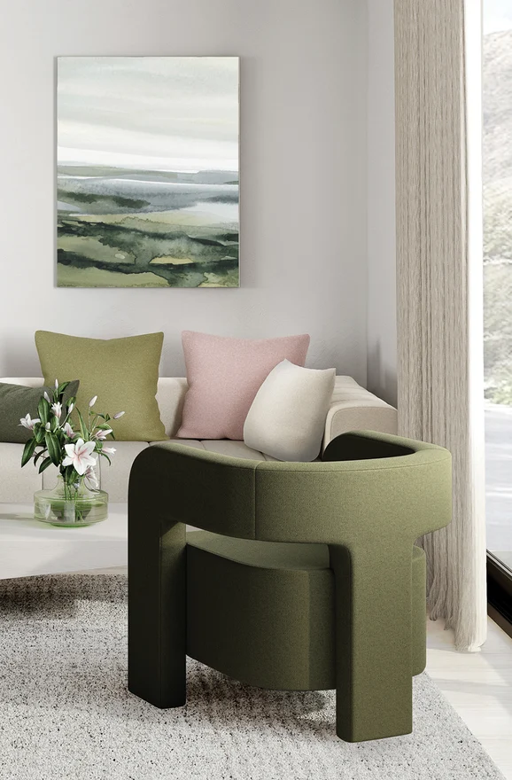 Photo of the fabric Ambiant Coffee in situ by James Dunlop FibreGuard. Use for Upholstery, Accessory, Top of Bed. Style of Plain, Texture
