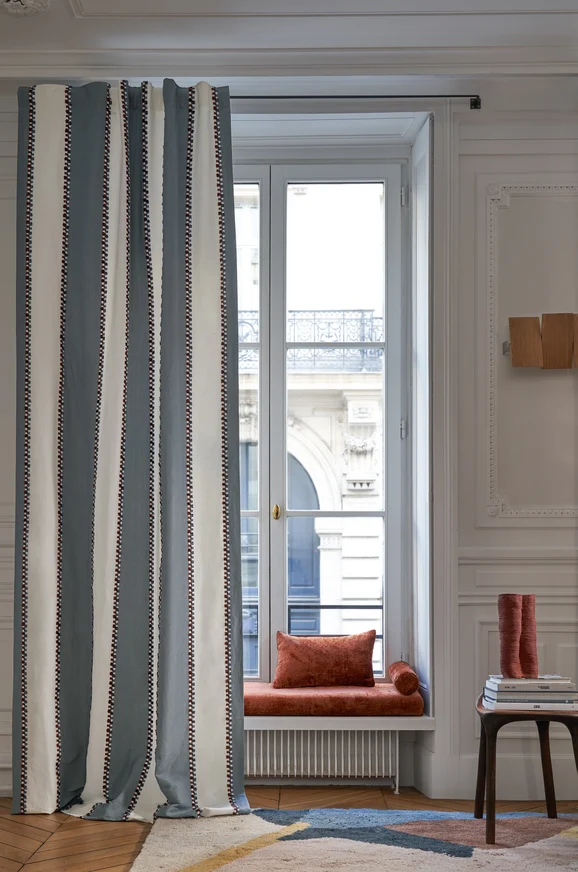 Photo of the fabric Parment 4112 4112 0456 in situ by Casamance. Use for Curtains, Accessory. Style of Embroidery, Stripe