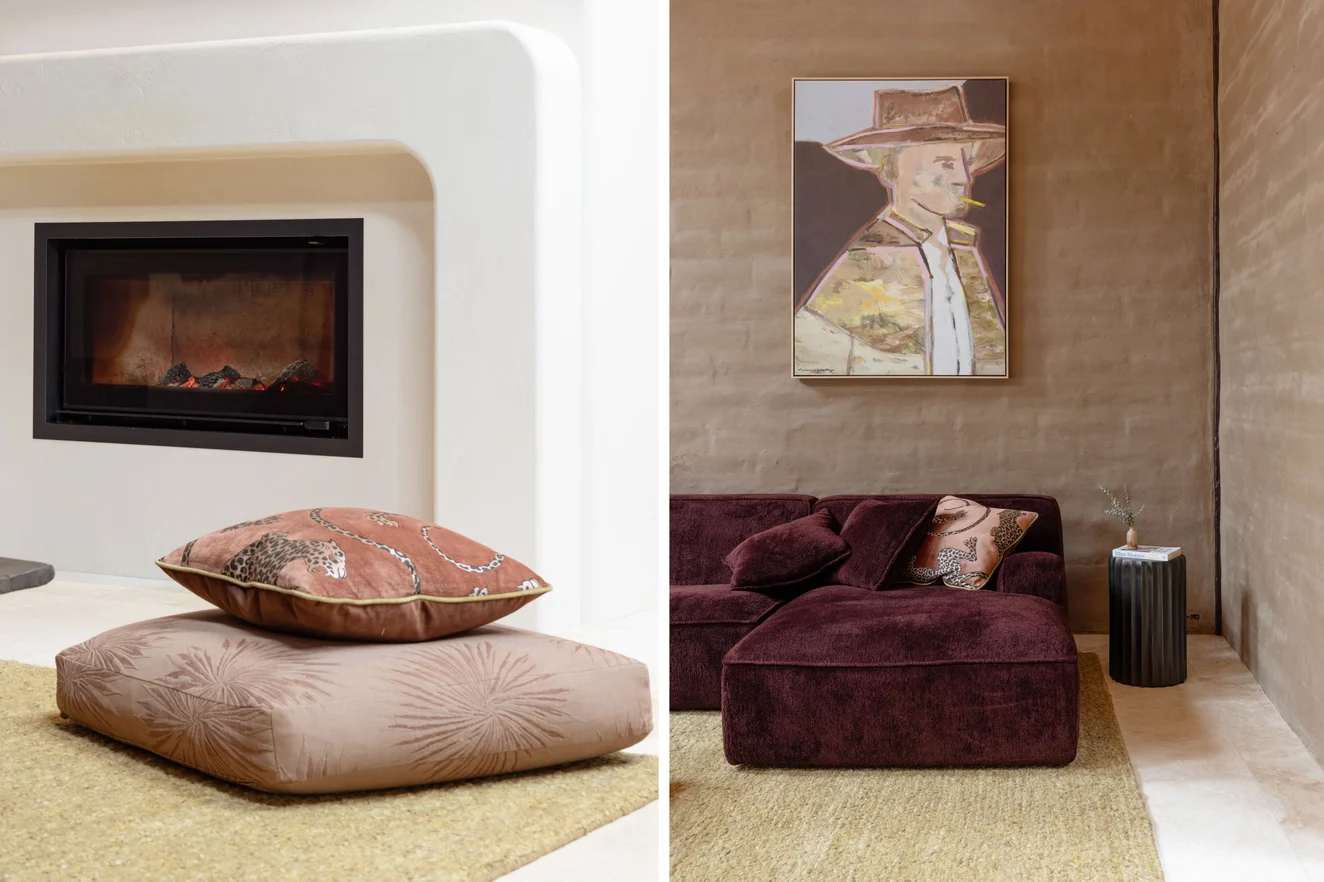Cushions in Panthera colour Whisky by Catherine Martin by Mokum and Saba by Designs of the Time | Big Easy Sofa by Molmic in Modernist colour Burgundy by Mokum, cushion in Panthera colour Whisky by Catherine Martin by Mokum | Photograph by Bianca Todd