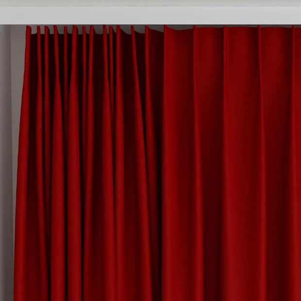 Photo of the fabric Vela Ruby swatch by James Dunlop FibreGuard. Use for Curtains, Upholstery, Accessory, Top of Bed. Style of Plain, Velvet