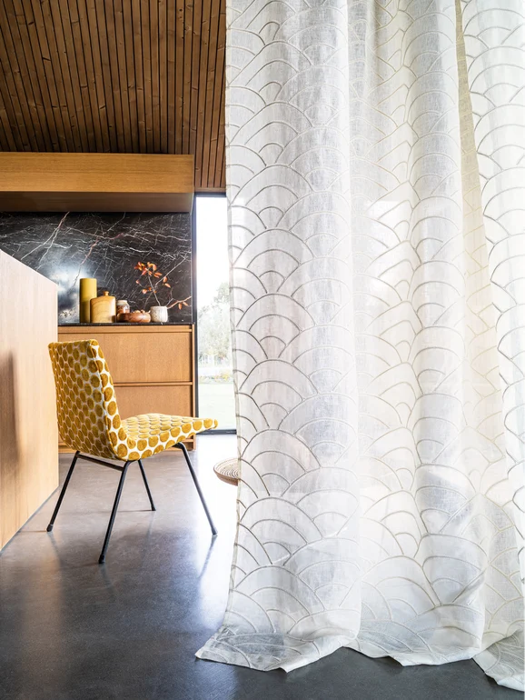 Photo of the fabric Fifties 4769 4769 0159 in situ by Casamance. Use for Upholstery, Accessory. Style of Geometric, Velvet