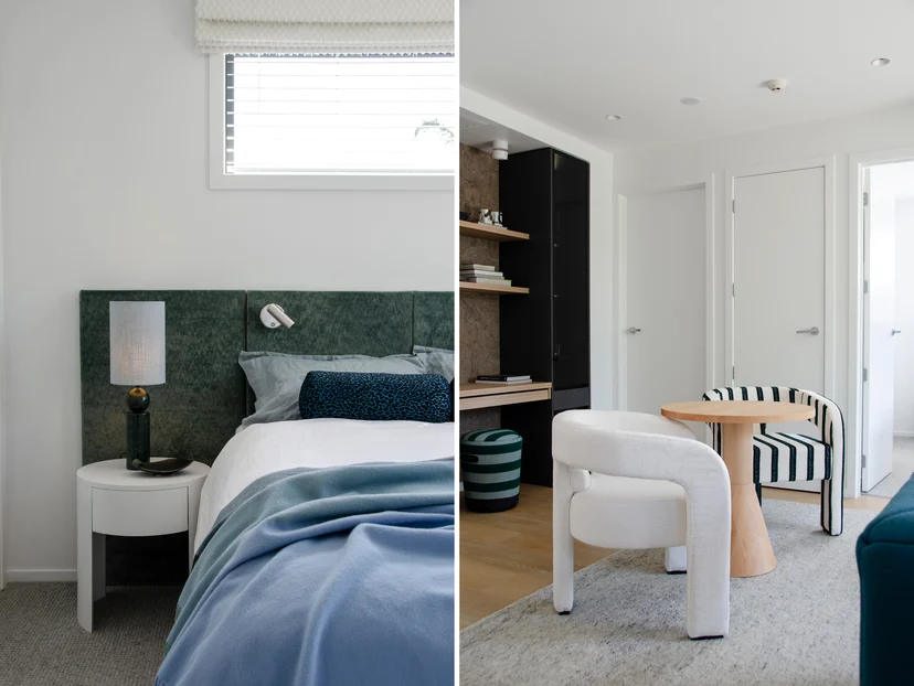 Headboard in Rough colour Chinois Green by James Dunlop, bolsters in Leopardo colour Sapphire by Catherine Martin by Mokum, and Roman blind in Reminisce colour Calm by James Dunlop | White dining chair in Rough colour Star White by James Dunlop | Images: Matt South Designer
