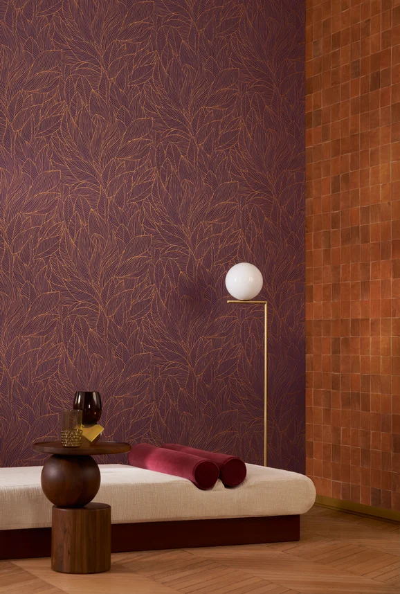 Photo of the fabric Hosta Wp 7660 2446 in situ by Casamance. Use for Wall Covering. Style of Floral And Botannical, Print