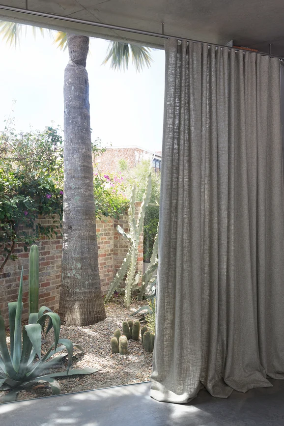 Photo of the fabric Adobe Stone in situ by Mokum. Use for Curtains. Style of Plain, Texture