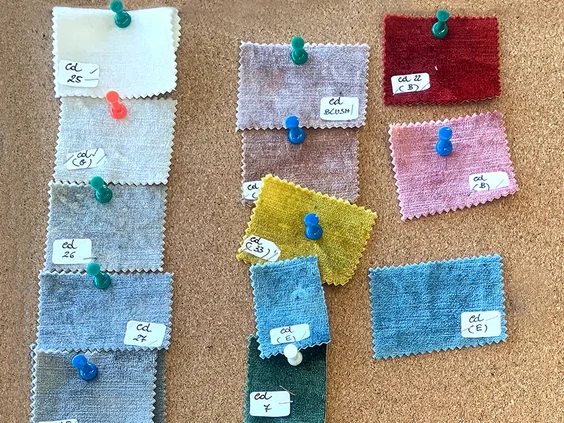Lab dips of piece dyed velvet upholstery