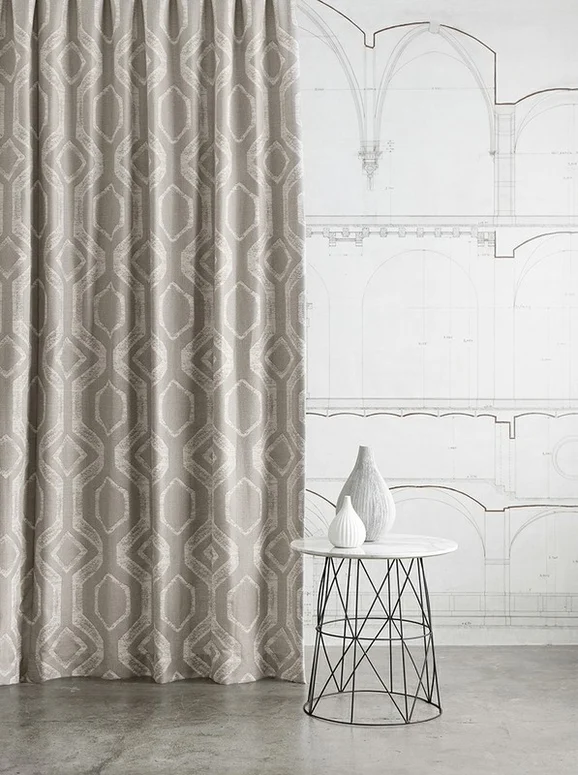 Photo of the fabric Colombo Ash in situ by James Dunlop Essentials. Use for Curtains, Accessory. Style of Geometric